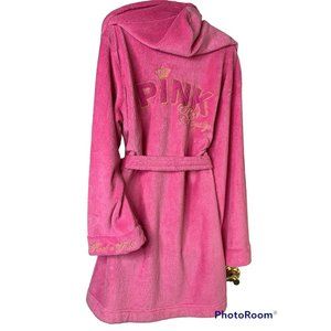 Victoria's Secret PINK M/L Gold Embroidery Plush Bath Robe Hoodie Barbie Core VS